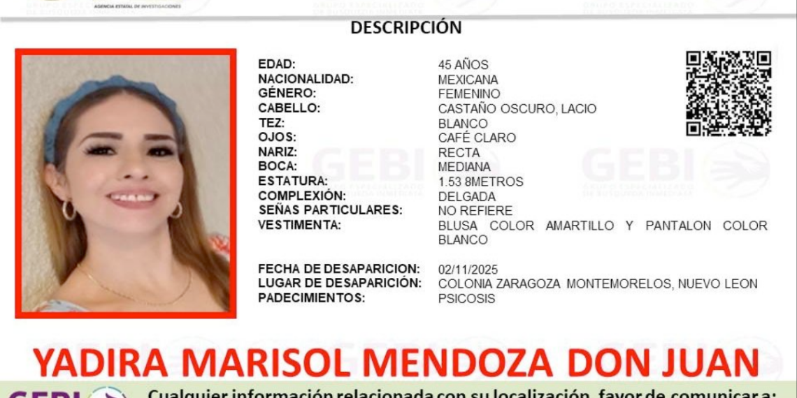 mujer con psicosis, Montemorelos, desaparición en Nuevo León, búsqueda inmediata, GEBI