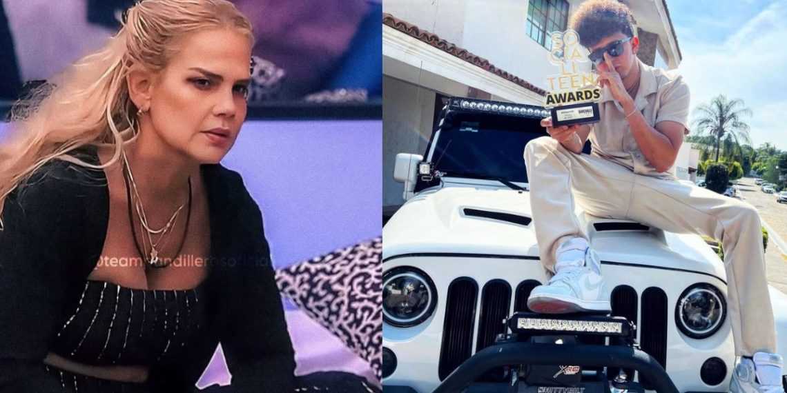 Two-panel collage: left a blonde woman in a black outfit, right a man in beige posing on a white Jeep with an award trophy labeled 'Awards'.