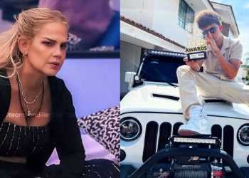 Two-panel collage: left a blonde woman in a black outfit, right a man in beige posing on a white Jeep with an award trophy labeled 'Awards'.