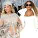 Two glamorous women pose on a red carpet at a Met Gala-like event, surrounded by photographers; one wears a crystal bodysuit and headdress, the other in a white outfit with sunglasses and pearls.
