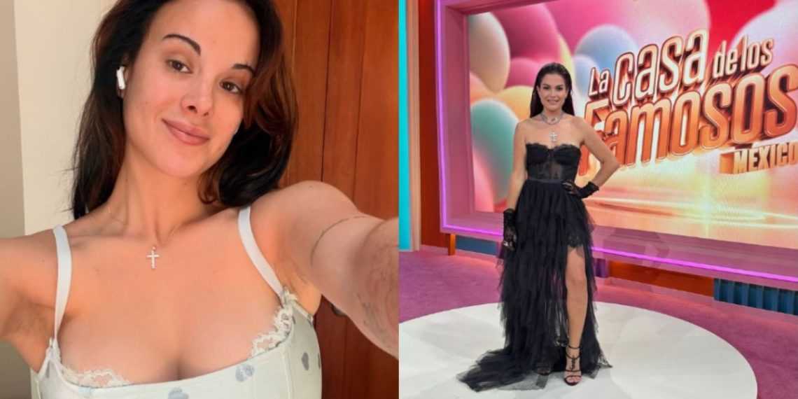 Split image: left shows a woman taking a selfie in a white lace-trim camisole; right shows her in a black strapless gown on a TV set with a colorful backdrop that says La Casa de los Famosos.