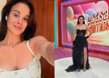 Split image: left shows a woman taking a selfie in a white lace-trim camisole; right shows her in a black strapless gown on a TV set with a colorful backdrop that says La Casa de los Famosos.