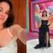 Split image: left shows a woman taking a selfie in a white lace-trim camisole; right shows her in a black strapless gown on a TV set with a colorful backdrop that says La Casa de los Famosos.