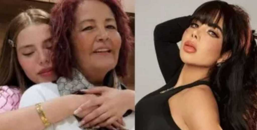 Imágen partida a la mitad en la izquierda vemos que Sol León se despide de su madre en Culiacán mientras que en la imágen derecha vemos una fotografía de Sol León modelando un vestido negro y color de cabello negro intenso