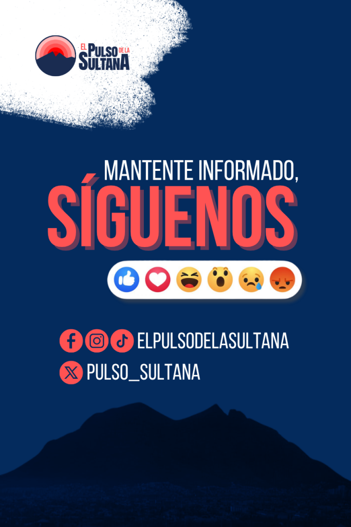 Poster in blue tones encouraging staying informed and following, with logo, bold 'SÍGUENOS' and social icons/handles ElPulsoDeLaSultana and Pulso_Sultana.