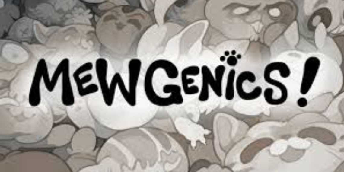 Mewgenics! logo with bold black letters and a paw print, over a grayscale collage of cartoon cats