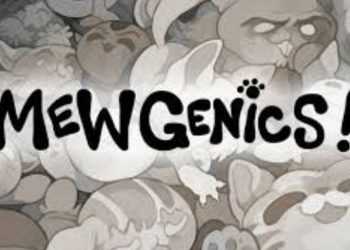 Mewgenics! logo with bold black letters and a paw print, over a grayscale collage of cartoon cats