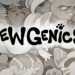 Mewgenics! logo with bold black letters and a paw print, over a grayscale collage of cartoon cats